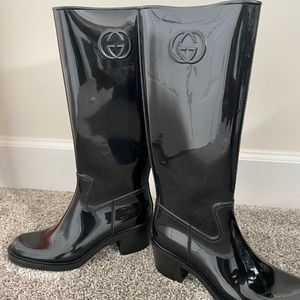Authentic Gucci Tall Rain Boots with "GG" Detail Black Size 37